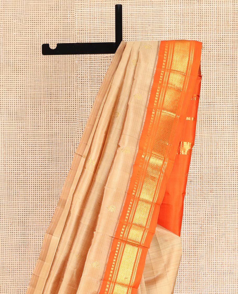 Sandal Kanchipuram Silk Saree, Graced with Zari Buttas on Its Body, Complemented by a Contrast One-Sided Korvai Border of Panner Sombu, Banaras, Muthu, and Mayil Kann Designs, Pallu Steeped with Zari Designs, and Comes Without a Blouse - Image 3