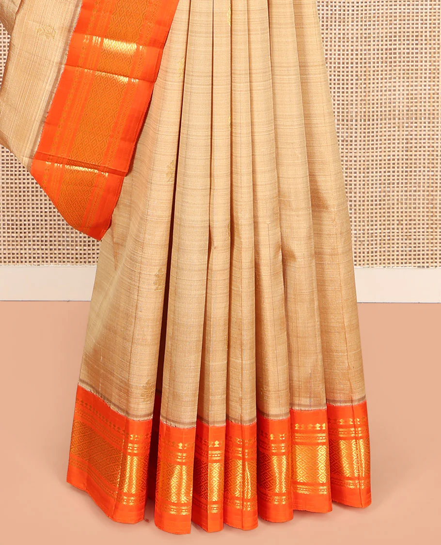 Sandal Kanchipuram Silk Saree, Graced with Zari Buttas on Its Body, Complemented by a Contrast One-Sided Korvai Border of Panner Sombu, Banaras, Muthu, and Mayil Kann Designs, Pallu Steeped with Zari Designs, and Comes Without a Blouse - Image 4