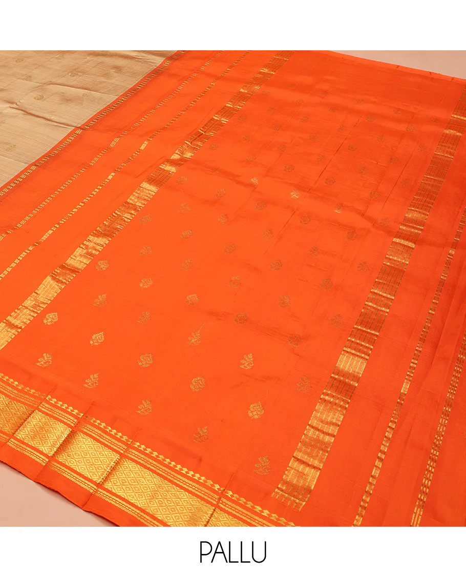 Sandal Kanchipuram Silk Saree, Graced with Zari Buttas on Its Body, Complemented by a Contrast One-Sided Korvai Border of Panner Sombu, Banaras, Muthu, and Mayil Kann Designs, Pallu Steeped with Zari Designs, and Comes Without a Blouse - Image 5