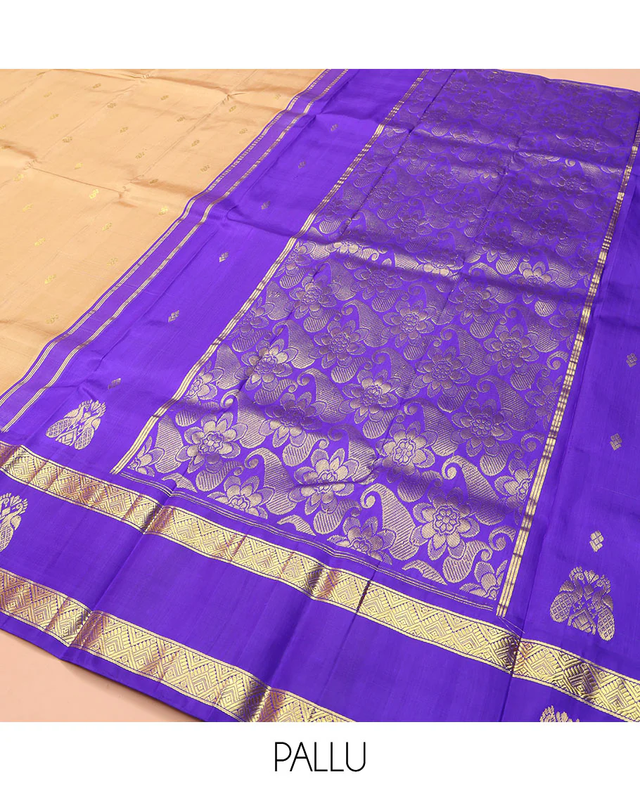 Sandal Kanchipuram Silk Saree, Highlighted with Zari Buttas on Its Body, Complemented by a Contrast One-Sided Korvai Border of Diamond and Mayil Designs, Pallu Features Floral and Paisley Designs, and Comes Without a Blouse - Image 5