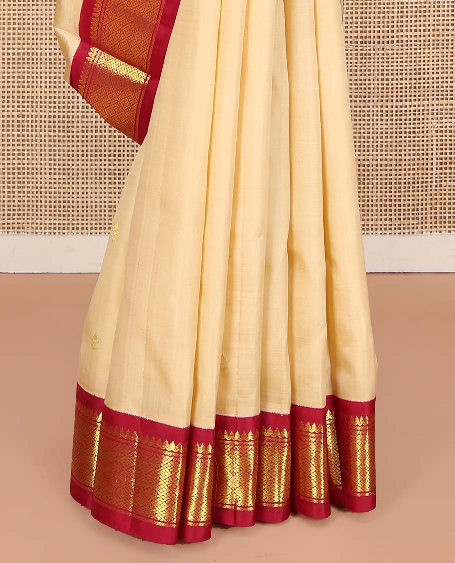 Sandal Kanchipuram Silk Saree, Sparsely Woven with Zari Buttas on Its Body, Complemented by Contrast One-Sided Border of Thilakam Mokku, and Jaal Designs, Pallu of Zari Designs, and Comes Without a Blouse - Image 4