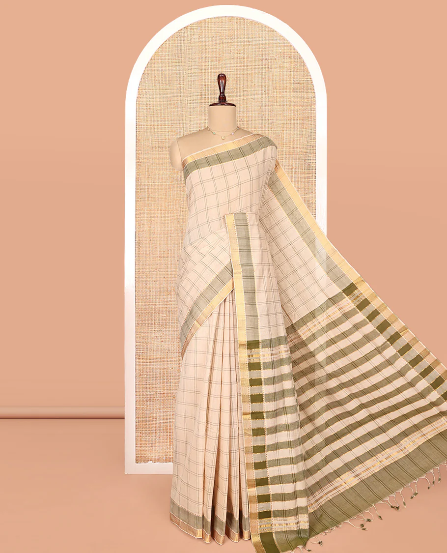 Sandal Mangalgiri Cotton Saree, Subtly Sparkled with Checks on Its Body, Complemented by Contrast Zari Temple Border, Zari-Striped Pallu, and Paired with a Contrast Blouse