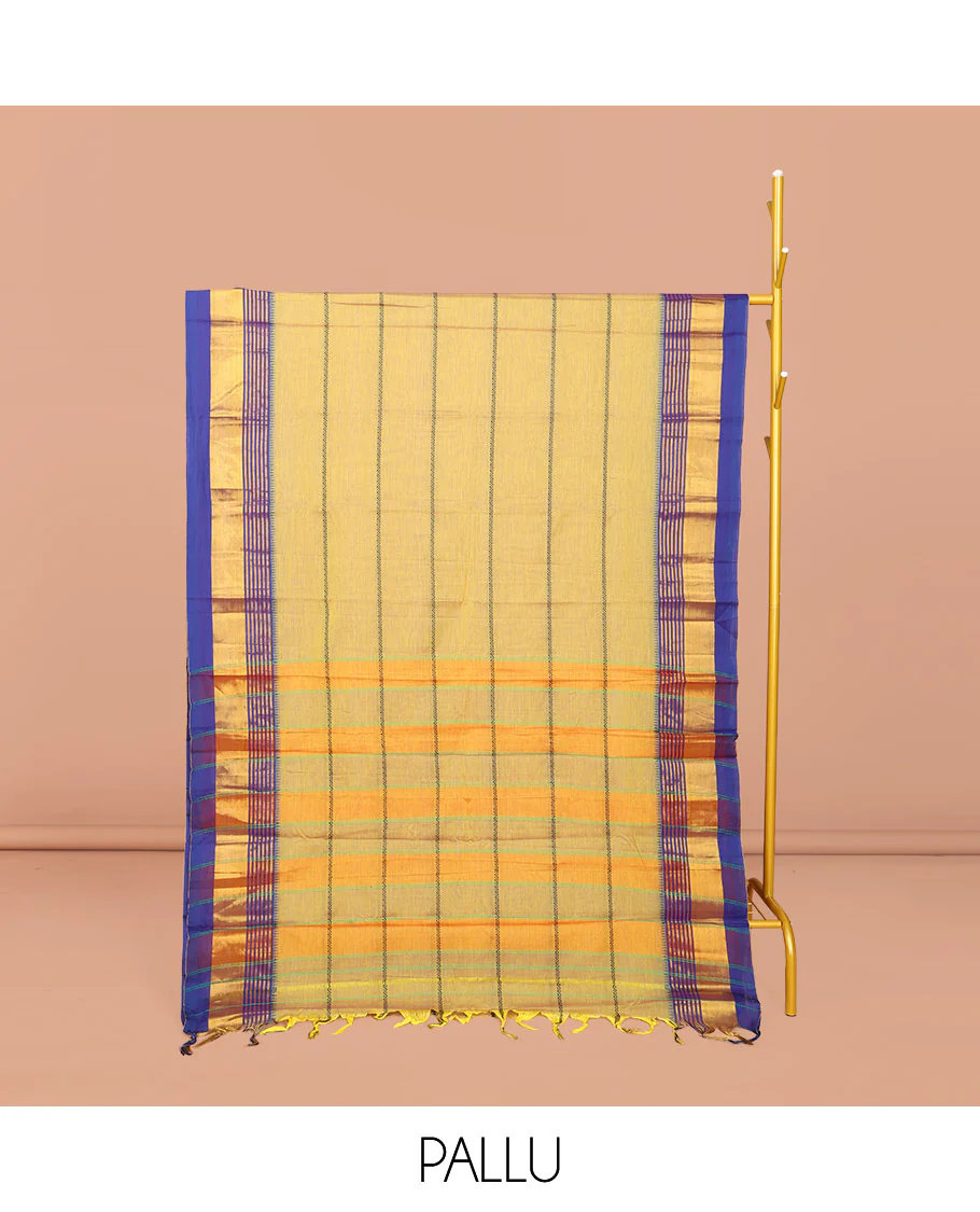 Sandal Narayanpet Cotton Saree, Accentuated with Veldhari Stripes, Complemented by a Contrast Temple Traditional Zari Design Border, Striped Pallu, and Comes Without a Blouse - Image 2