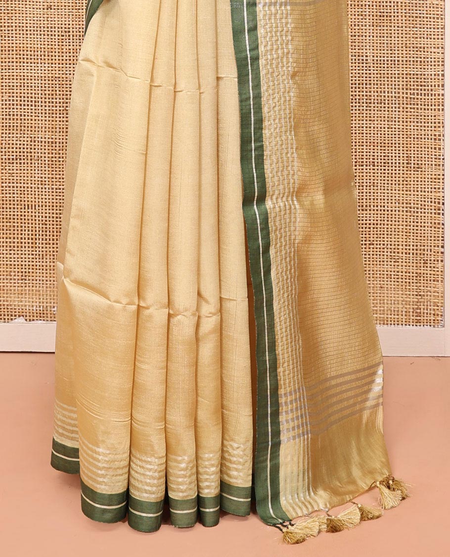 Sandal Plain Banana Pith Saree, Subtle Contrast Striped Border, Pallu Steeped with Stripes, and Paired with a Matching Blouse - Image 4