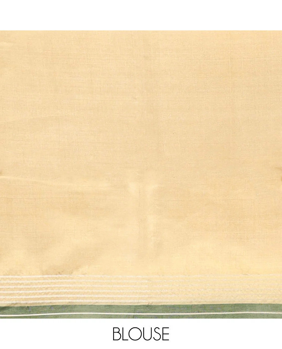 Sandal Plain Banana Pith Saree, Subtle Contrast Striped Border, Pallu Steeped with Stripes, and Paired with a Matching Blouse - Image 5