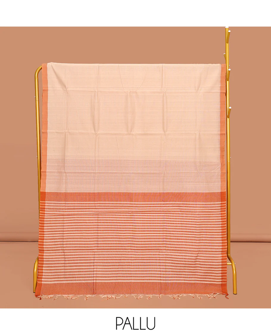 Sandal Plain Mangalgiri Cotton Saree, Complemented by Contrast Border, Subtly Striped Pallu and Paired with a Contrast Blouse - Image 2