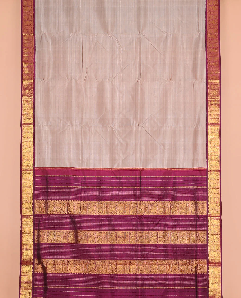 Sandal plain nine-yard silk saree, contrast border of thilakam mokku, neli, mayil and yaali designs, and zari design pallu - Image 2