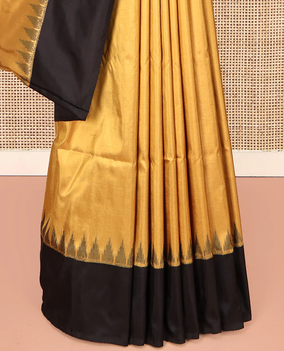 Sandal Plain Pochampally Ikat Silk Saree, Complemented by a Contrast Temple Border, Pallu of Big Polka Dot, and Paired with a Contrast Blouse - Image 4