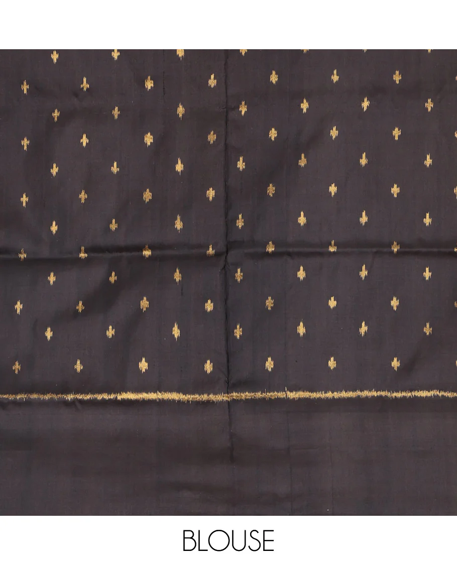 Sandal Plain Pochampally Ikat Silk Saree, Complemented by a Contrast Temple Border, Pallu of Big Polka Dot, and Paired with a Contrast Blouse - Image 6