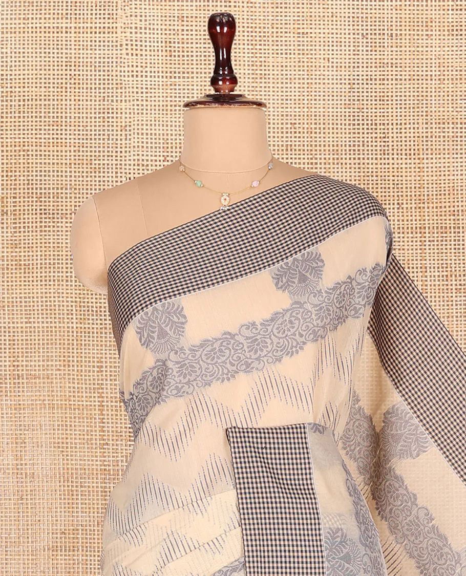 Sandal Semi-Silk Cotton Saree, Gleamed Up with Chevron Stripes All Over Its Body, Complemented by Contrast Micro-Checked Border, Pallu of Jaal Designs, and Paired with a Matching Blouse - Image 2