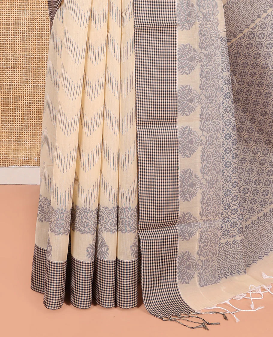Sandal Semi-Silk Cotton Saree, Gleamed Up with Chevron Stripes All Over Its Body, Complemented by Contrast Micro-Checked Border, Pallu of Jaal Designs, and Paired with a Matching Blouse - Image 3