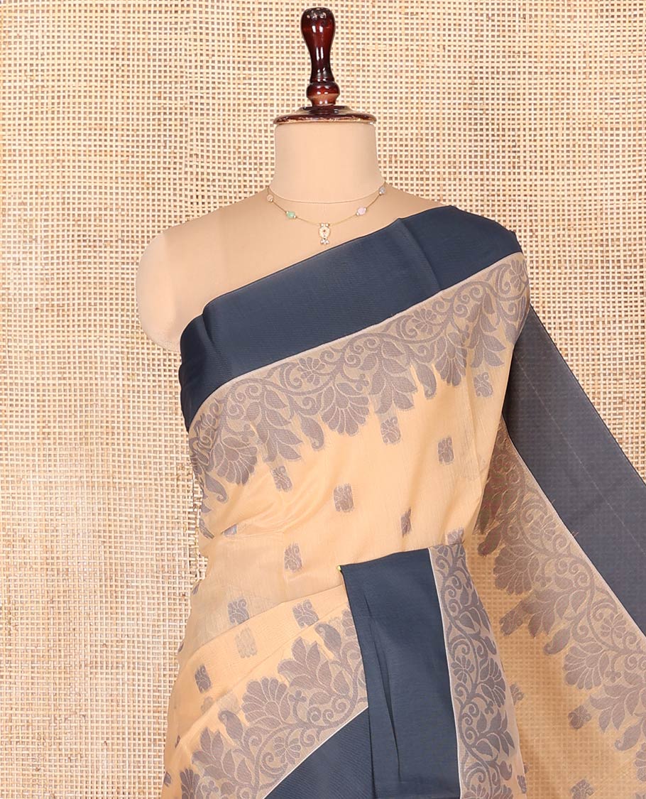 Sandal Semi-Silk Cotton Saree, Sparsely Woven with Floral Buttas on Its Body, Complemented by Contrast Border, Pallu Steeped with Floral Designs, and Paired with a Matching Blouse - Image 2