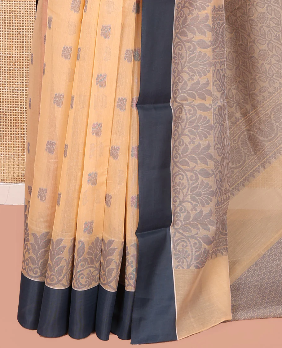 Sandal Semi-Silk Cotton Saree, Sparsely Woven with Floral Buttas on Its Body, Complemented by Contrast Border, Pallu Steeped with Floral Designs, and Paired with a Matching Blouse - Image 3