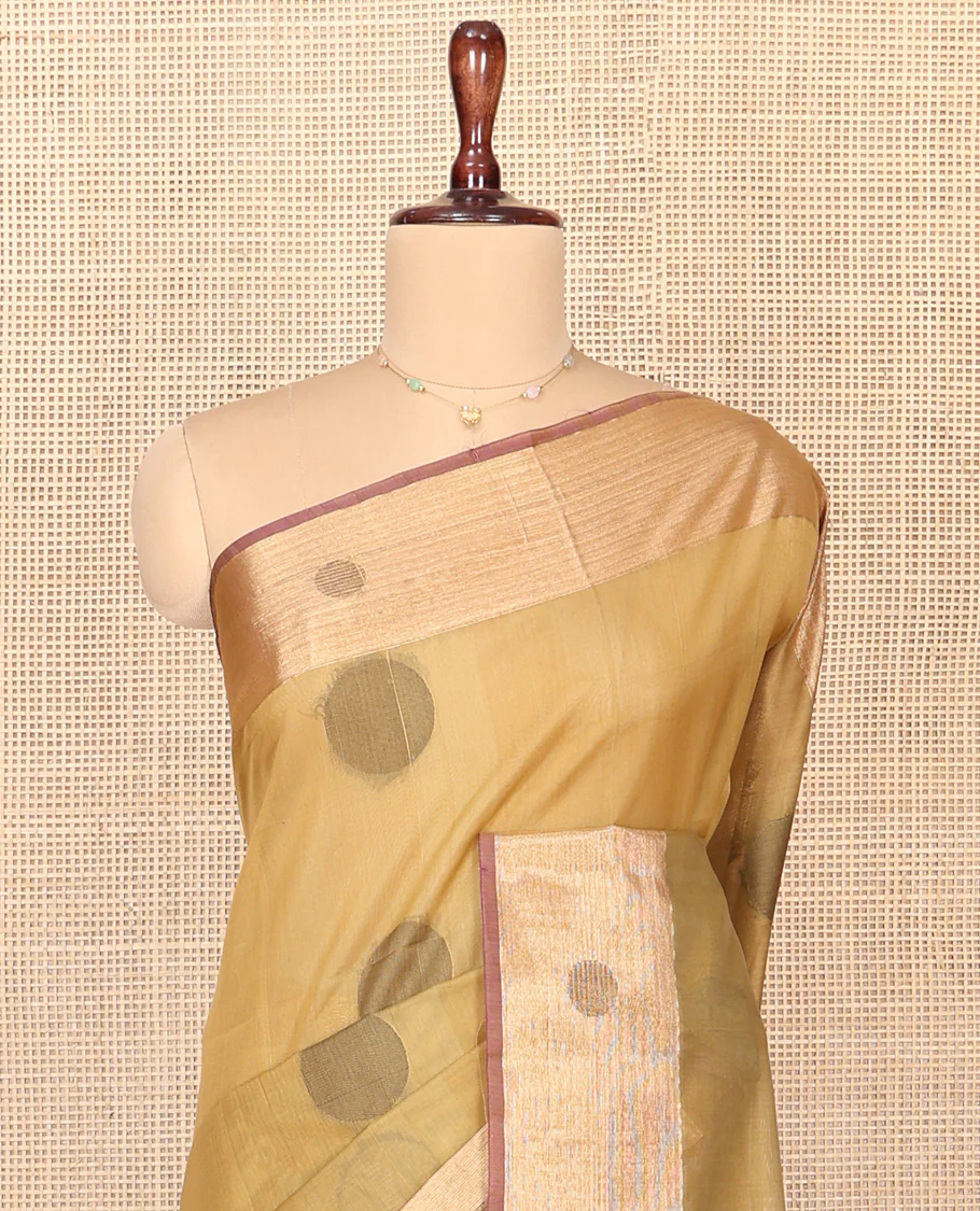 Sandal Silk Cotton Saree, Highlighted by Round Buttas All Over Its Body, Complemented by Contrast Border, Sparsely Woven Pallu, and Paired with a Contrast Blouse - Image 2