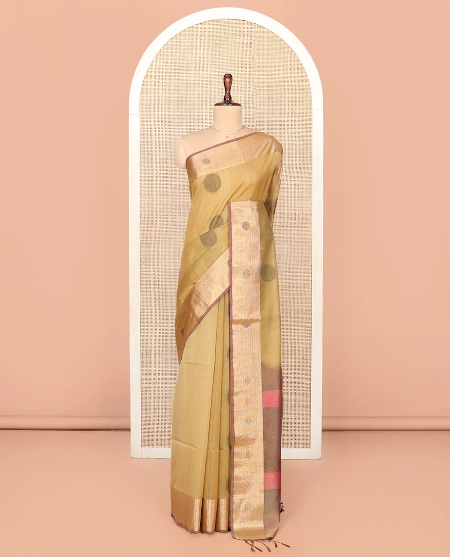 Sandal Silk Cotton Saree, Highlighted by Round Buttas All Over Its Body, Complemented by Contrast Border, Sparsely Woven Pallu, and Paired with a Contrast Blouse - Image 3