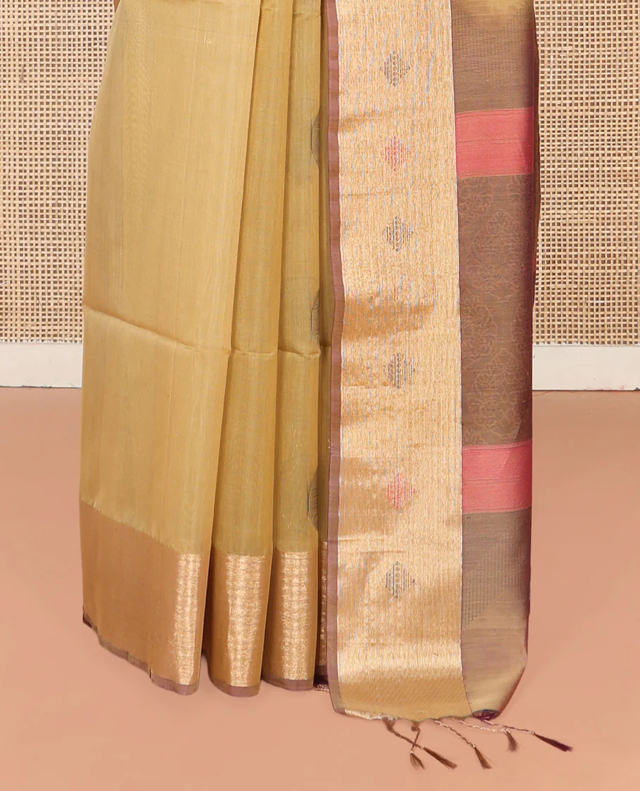 Sandal Silk Cotton Saree, Highlighted by Round Buttas All Over Its Body, Complemented by Contrast Border, Sparsely Woven Pallu, and Paired with a Contrast Blouse - Image 4