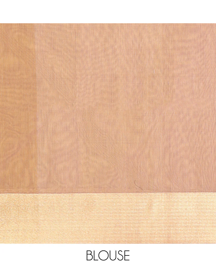 Sandal Silk Cotton Saree, Highlighted by Round Buttas All Over Its Body, Complemented by Contrast Border, Sparsely Woven Pallu, and Paired with a Contrast Blouse - Image 5
