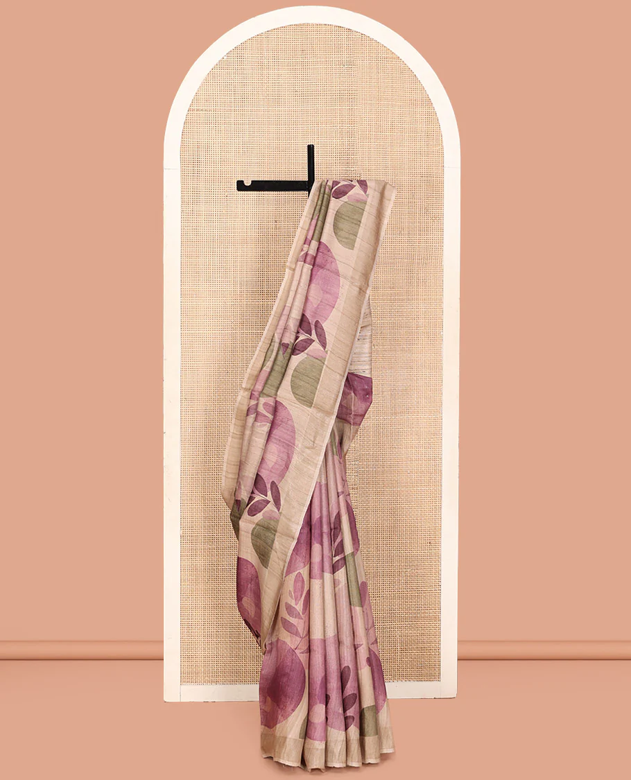 Sandal Tussar Silk Saree, Bedecked with Floral and Circle Motifs Print on Its Body, a Subtle Border, Heathered Pallu, and Paired with a Matching Blouse