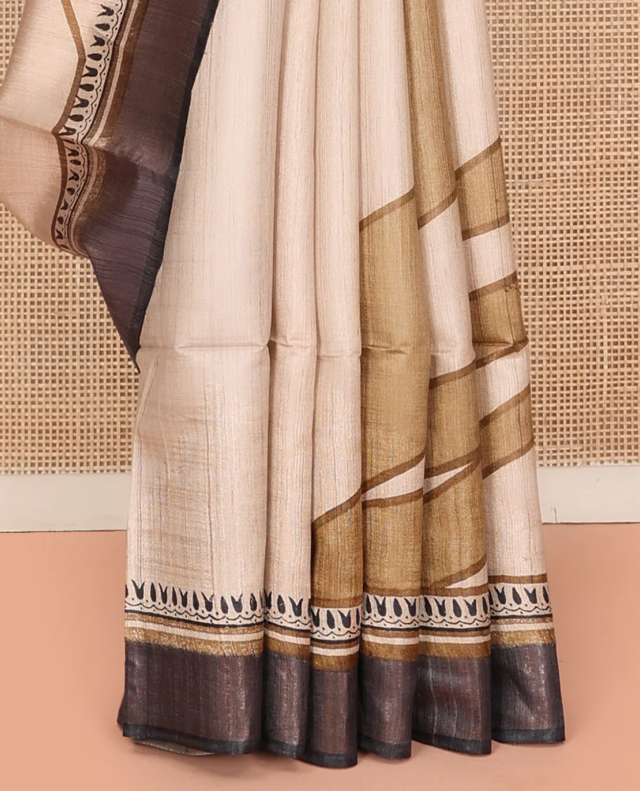 Sandal Tussar Silk Saree, Uniquely Detailed with Abstract-Style Geometric Print on Its Body, Complemented by a Contrast Border, Multi-Color Ombre-Style Striped Pallu, and Paired with a Contrast Blouse - Image 4