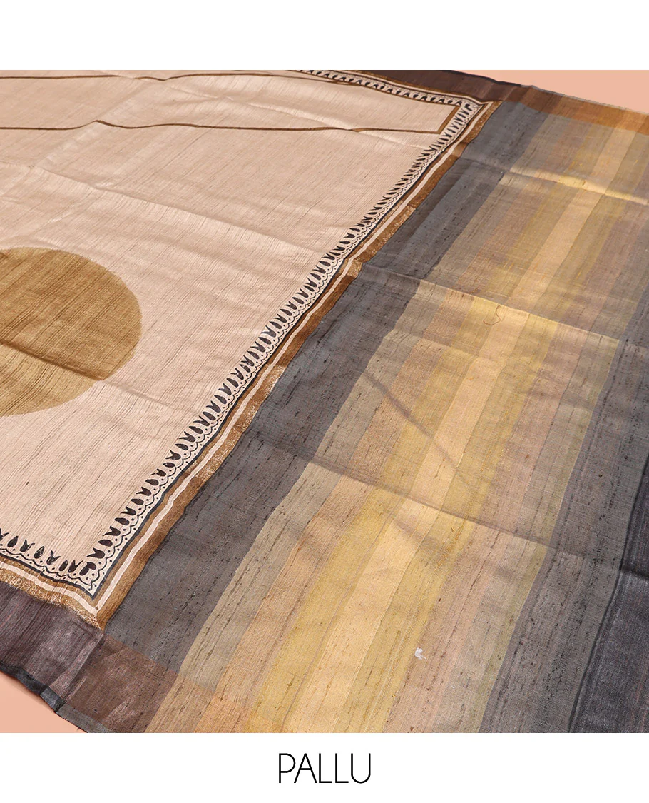 Sandal Tussar Silk Saree, Uniquely Detailed with Abstract-Style Geometric Print on Its Body, Complemented by a Contrast Border, Multi-Color Ombre-Style Striped Pallu, and Paired with a Contrast Blouse - Image 5