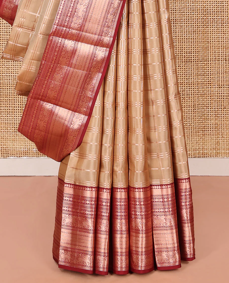 Sandal Vasundhara Silk Saree Elevated with Zari Stripes All Over Its Body, Complemented by a Contrast Border of Manga, Rudraksham, Yaali, Neli, and Muthu Designs, Zari Rich Jaal Pallu, and Paired with a Contrast Blouse - Image 4