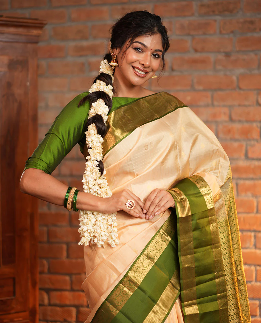 Sandal Vasundhara Silk Saree, Finely Crafted with Zari Buttas and Checked Design, Complemented by a Contrast One-Sided Rettai Pettu Border of Rekku, Laddu Kamalam, Mayil Kann and Kodi Visiry Designs, Grand Jaal Pallu, and Paired with a Contrast Blouse - Image 3