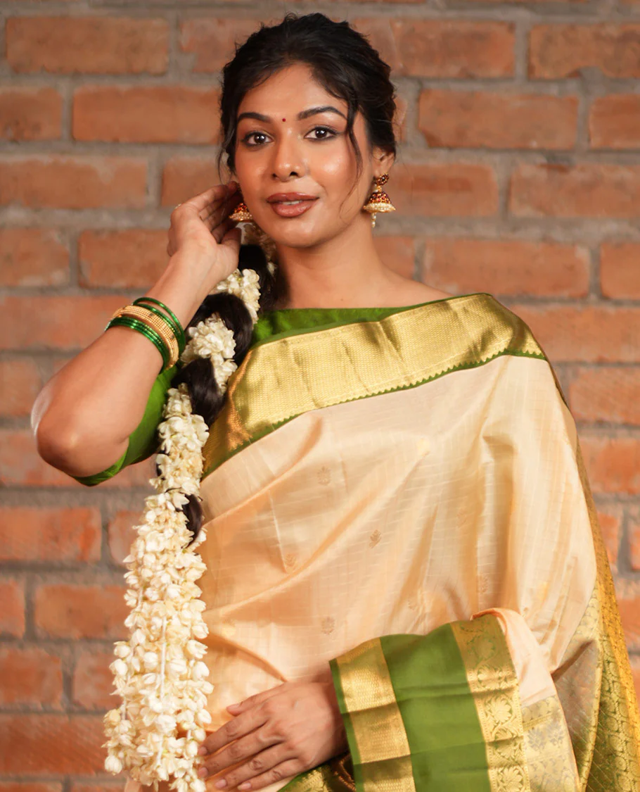 Sandal Vasundhara Silk Saree, Finely Crafted with Zari Buttas and Checked Design, Complemented by a Contrast One-Sided Rettai Pettu Border of Rekku, Laddu Kamalam, Mayil Kann and Kodi Visiry Designs, Grand Jaal Pallu, and Paired with a Contrast Blouse - Image 6