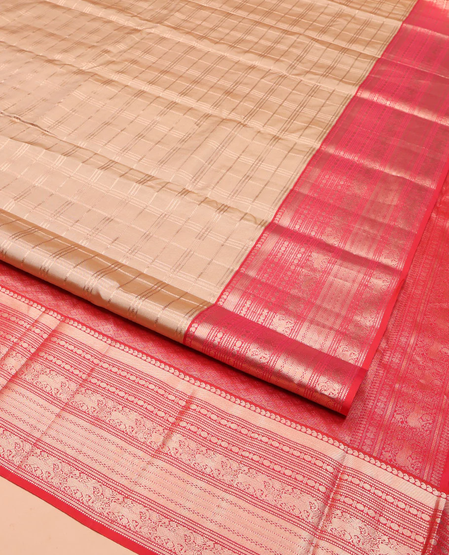 Sandal Vasundhara Silk Saree, Prettified with Zari Checked Design All Over Its Body, Complemented by a Contrast Border of Manga, Muthu, Rudraksham, and Yaali Designs, Grand Jaal Pallu, and Paired with a Contrast Blouse - Image 2