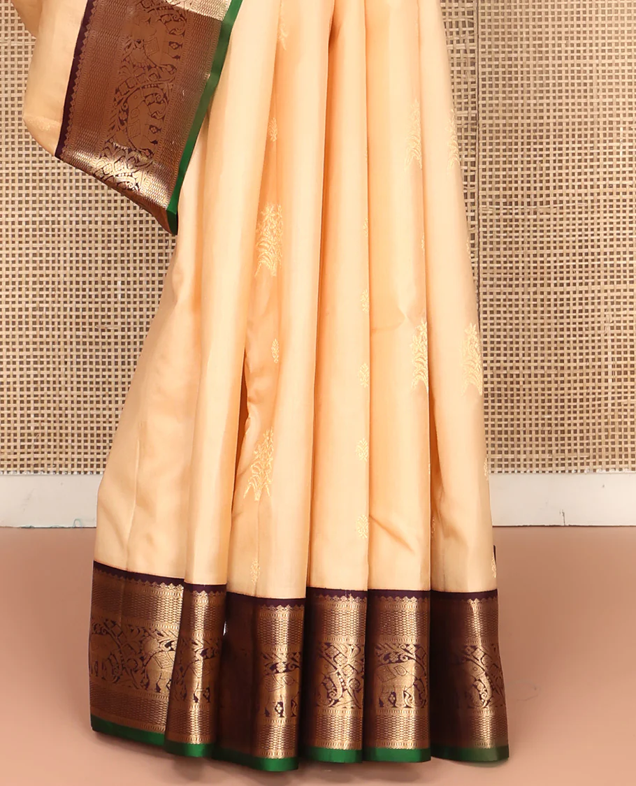 Sandal Vasundhara Silk Saree, Sparsely Woven with Zari Buttas All Over Its Body, Complemented by Contrast Border of Mayil Kann and Yaanai Designs, Grandly Decked Up Pallu and Paired with a Contrast Blouse - Image 4