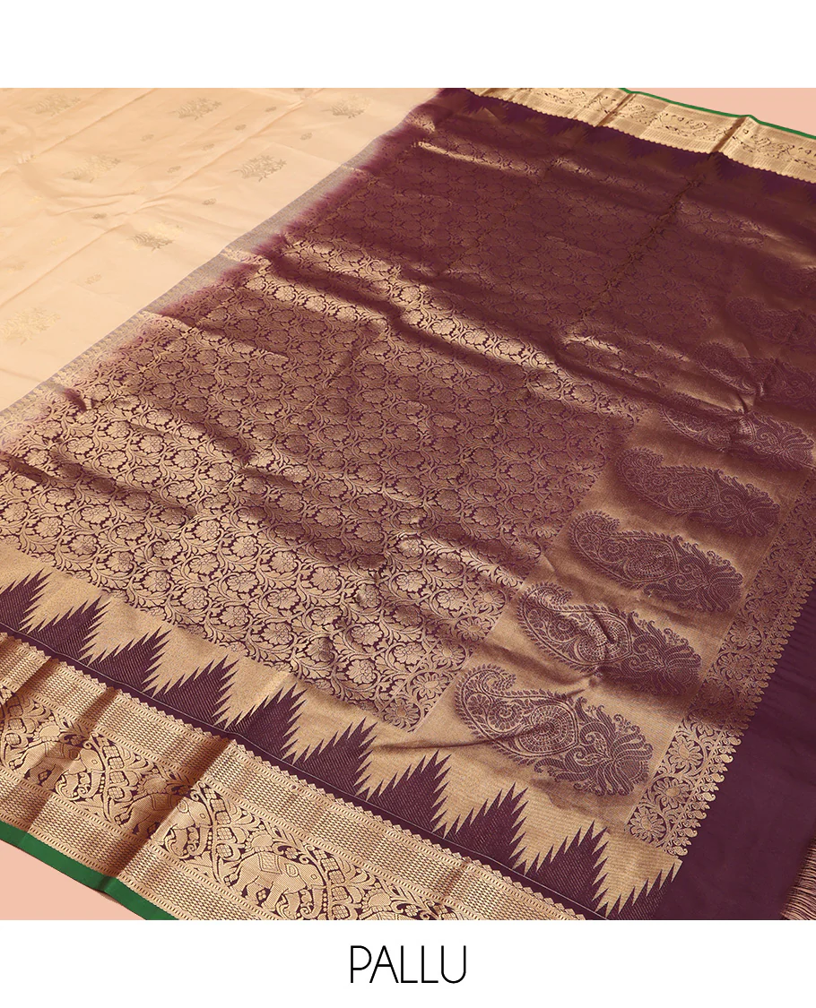 Sandal Vasundhara Silk Saree, Sparsely Woven with Zari Buttas All Over Its Body, Complemented by Contrast Border of Mayil Kann and Yaanai Designs, Grandly Decked Up Pallu and Paired with a Contrast Blouse - Image 5
