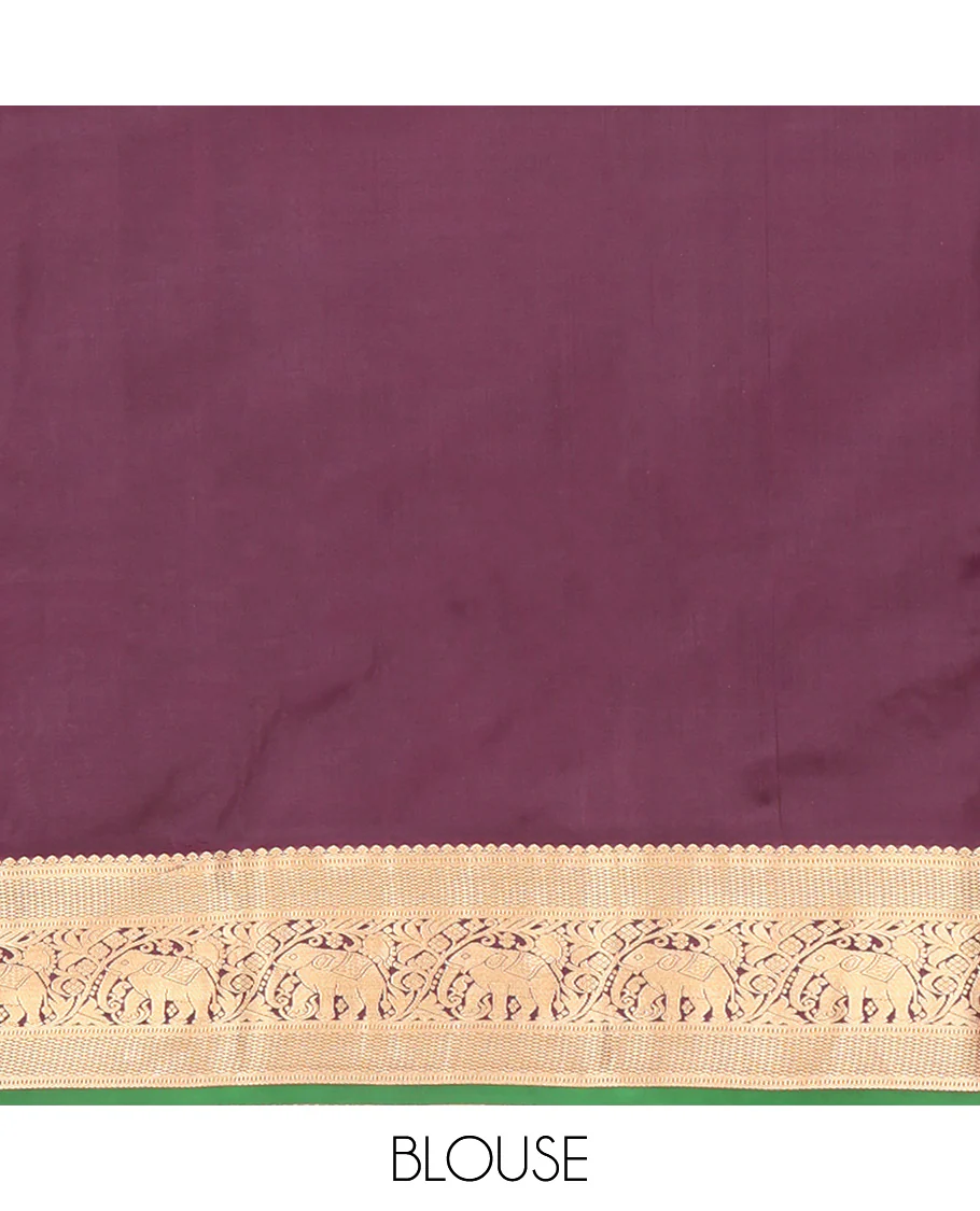Sandal Vasundhara Silk Saree, Sparsely Woven with Zari Buttas All Over Its Body, Complemented by Contrast Border of Mayil Kann and Yaanai Designs, Grandly Decked Up Pallu and Paired with a Contrast Blouse - Image 6