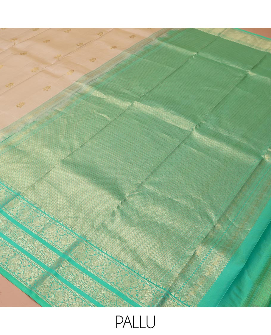 Sandal Vasundhara Silk Saree, Woven with Zari Buttas All Over Its Body, Complemented by a Contrast Border of Jada Nagam, and Kodi Visiry Designs, Intricately Designed Pallu, and Paired with a Contrast Blouse - Image 5