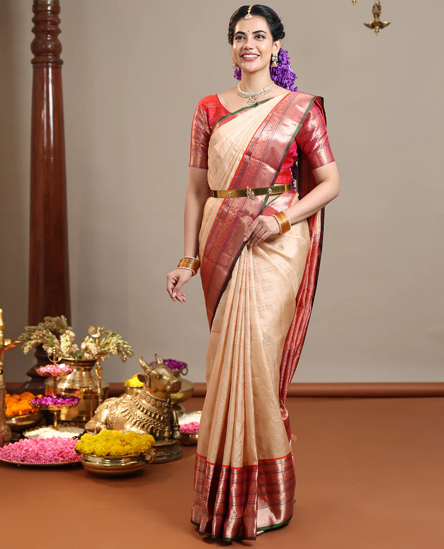 Sandal Vasundhara Silk Saree Subtly Sparkled with Zari Checks, Complemented by a Contrast Border of Thilakam Mokku, Chakram, Kodi Yaanai, Kuthirai, and Mayil Kann, Intricately Designed Pallu, and Paired with a Contrast Blouse - Image 3