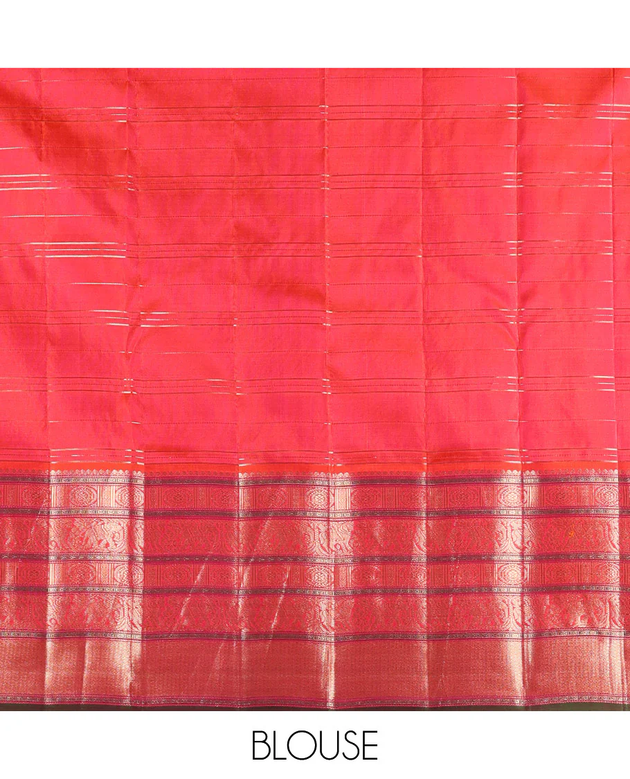 Sandal Vasundhara Silk Saree Subtly Sparkled with Zari Checks, Complemented by a Contrast Border of Thilakam Mokku, Chakram, Kodi Yaanai, Kuthirai, and Mayil Kann, Intricately Designed Pallu, and Paired with a Contrast Blouse - Image 4