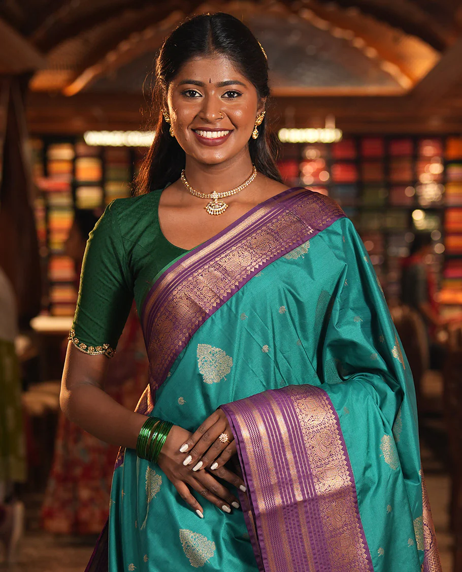 Sapphire Green-Purple Budget Silk Saree, Adorned with Zari Buttas, Complemented by a Contrast Peacock and Elephant Border, Jaal Pallu, and a Contrast Blouse - Image 2