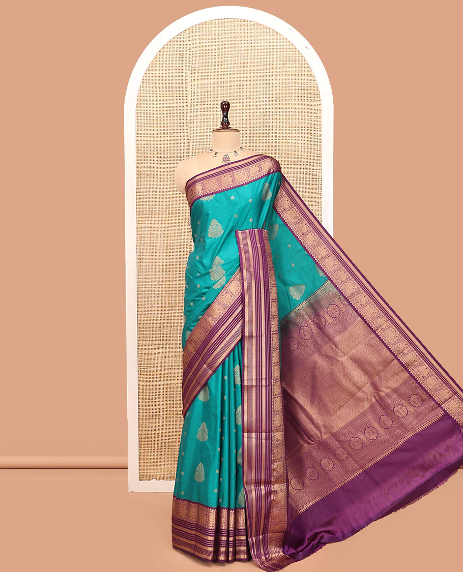 Sapphire Green-Purple Budget Silk Saree, Adorned with Zari Buttas, Complemented by a Contrast Peacock and Elephant Border, Jaal Pallu, and a Contrast Blouse - Image 3