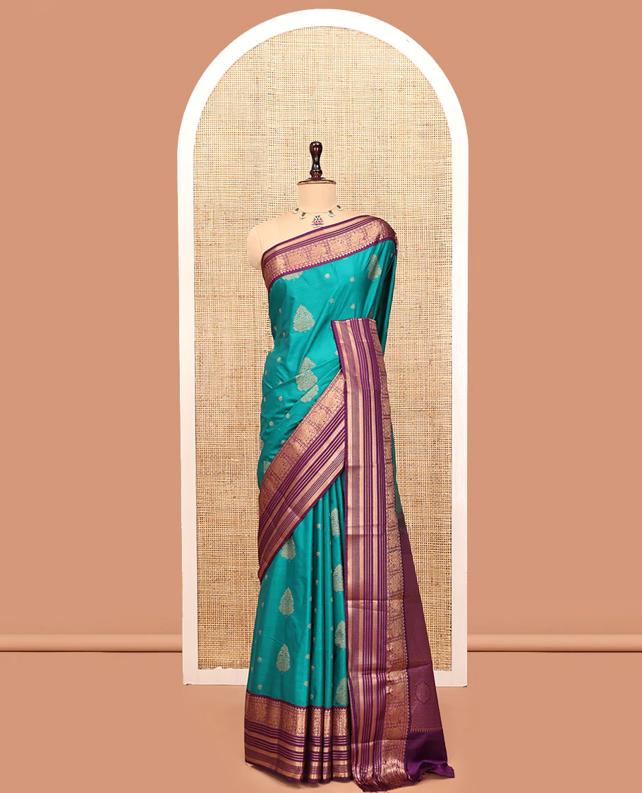Sapphire Green-Purple Budget Silk Saree, Adorned with Zari Buttas, Complemented by a Contrast Peacock and Elephant Border, Jaal Pallu, and a Contrast Blouse - Image 5