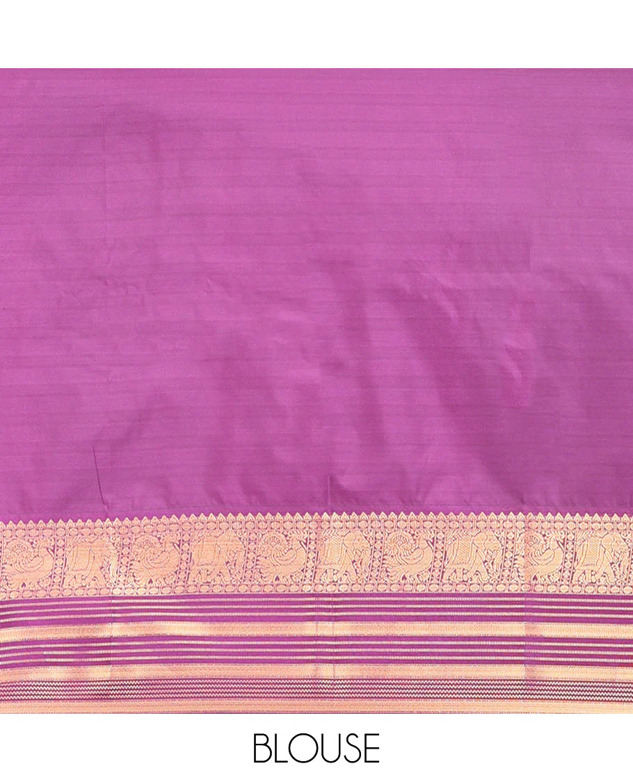 Sapphire Green-Purple Budget Silk Saree, Adorned with Zari Buttas, Complemented by a Contrast Peacock and Elephant Border, Jaal Pallu, and a Contrast Blouse - Image 7