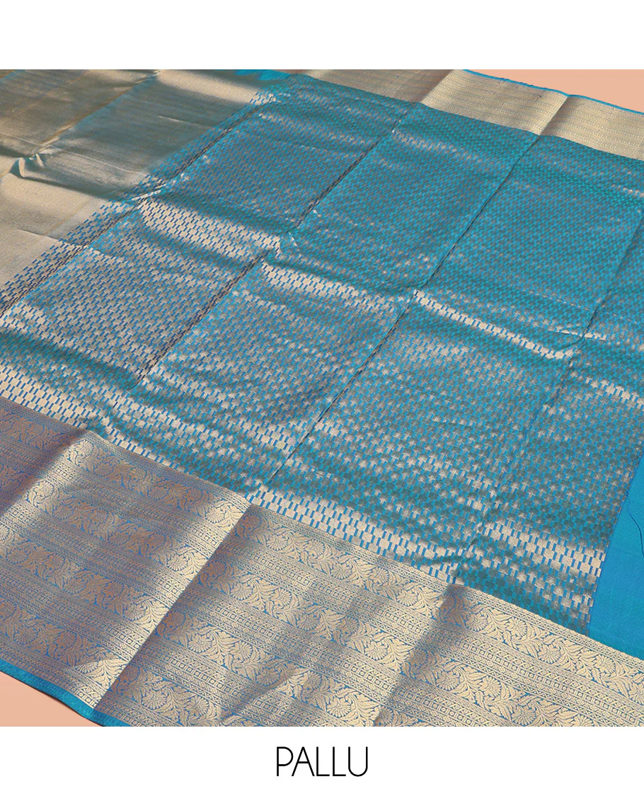 Scintillating Blue Vasundhara Lite-Silk Mix Saree, Gleamed Up with Zari on Its Body, Highlighted by Thazampoo Rekku Border of Neli, Paisa, Cross Kamalam, and Kodi Visiry Designs, a Grand Geometric-Patterned Pallu, and Paired with a Matching Blouse - Image 10