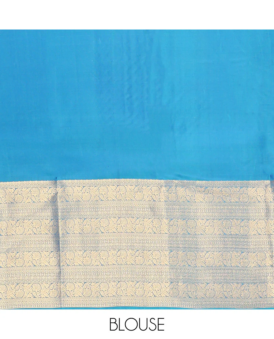 Scintillating Blue Vasundhara Lite-Silk Mix Saree, Gleamed Up with Zari on Its Body, Highlighted by Thazampoo Rekku Border of Neli, Paisa, Cross Kamalam, and Kodi Visiry Designs, a Grand Geometric-Patterned Pallu, and Paired with a Matching Blouse - Image 11