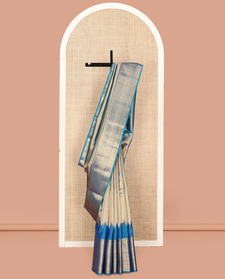 Scintillating Blue Vasundhara Lite-Silk Mix Saree, Gleamed Up with Zari on Its Body, Highlighted by Thazampoo Rekku Border of Neli, Paisa, Cross Kamalam, and Kodi Visiry Designs, a Grand Geometric-Patterned Pallu, and Paired with a Matching Blouse - Image 6