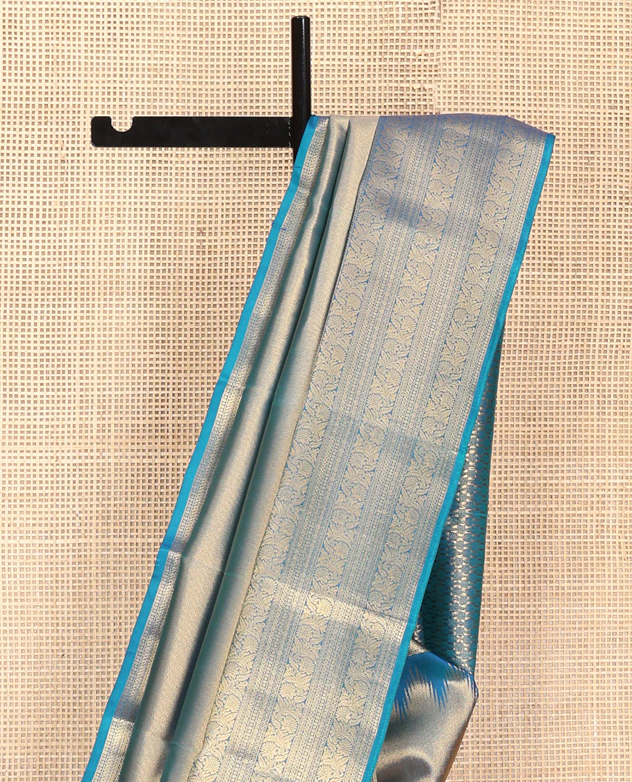 Scintillating Blue Vasundhara Lite-Silk Mix Saree, Gleamed Up with Zari on Its Body, Highlighted by Thazampoo Rekku Border of Neli, Paisa, Cross Kamalam, and Kodi Visiry Designs, a Grand Geometric-Patterned Pallu, and Paired with a Matching Blouse - Image 8
