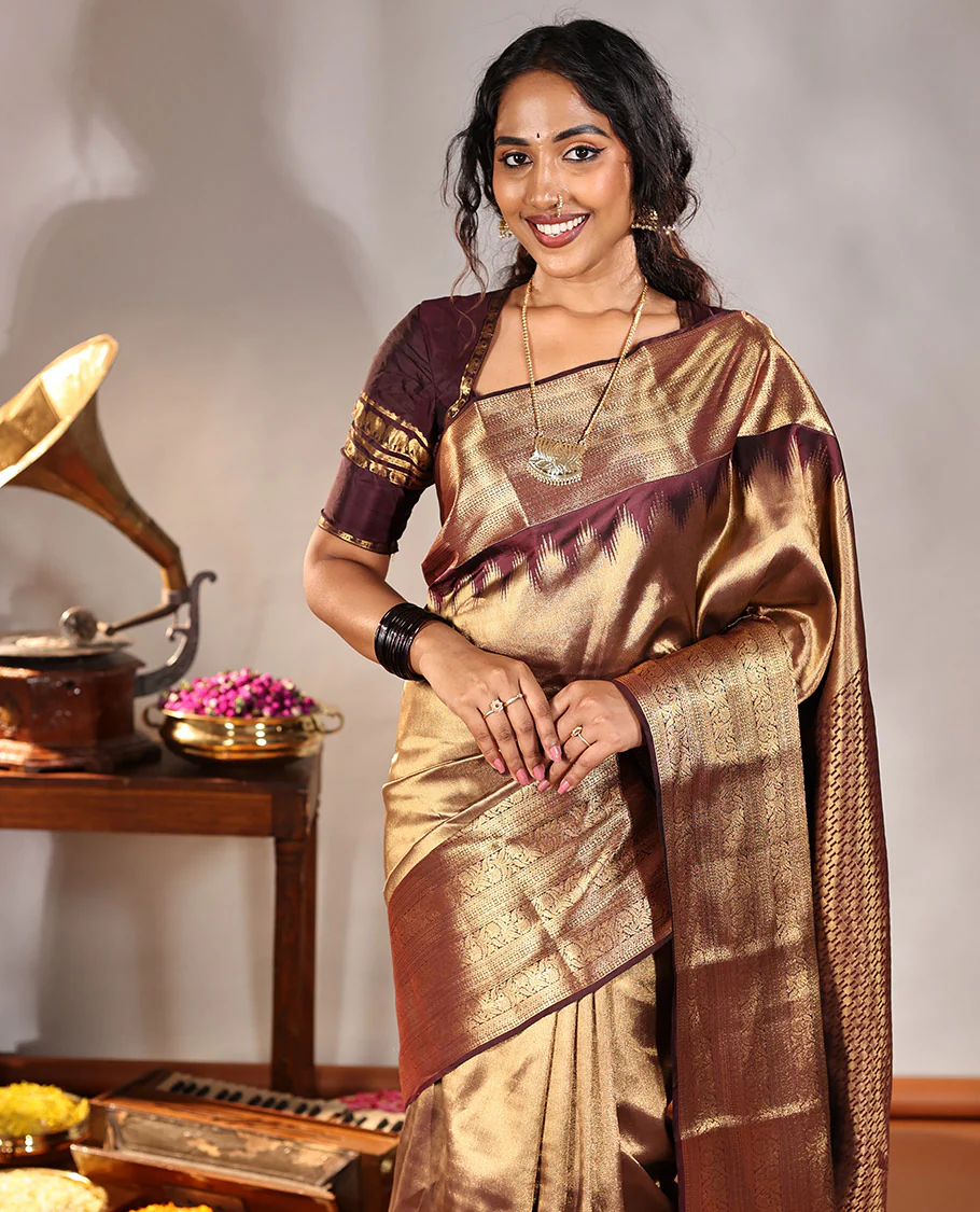 Scintillating Brown Vasundhara Lite-Silk Mix Saree, Gleamed Up with Zari on Its Body, Highlighted by Thazampoo Rekku Border of Neli, Paisa, Cross Kamalam, and Kodi Visiry Designs, a Grand Geometric-Patterned Pallu, and Paired with a Matching Blouse - Image 5