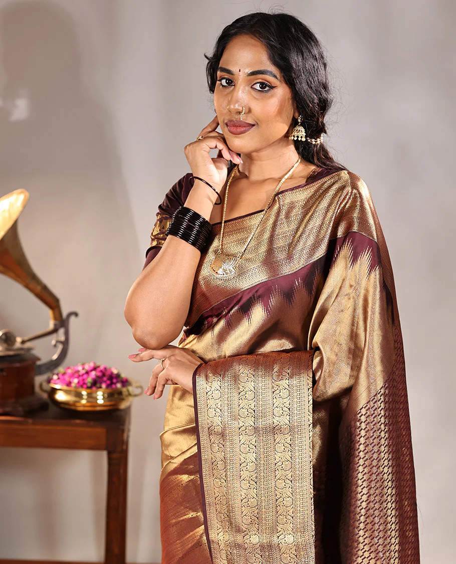 Scintillating Brown Vasundhara Lite-Silk Mix Saree, Gleamed Up with Zari on Its Body, Highlighted by Thazampoo Rekku Border of Neli, Paisa, Cross Kamalam, and Kodi Visiry Designs, a Grand Geometric-Patterned Pallu, and Paired with a Matching Blouse - Image 6