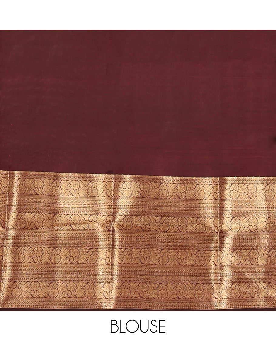 Scintillating Brown Vasundhara Lite-Silk Mix Saree, Gleamed Up with Zari on Its Body, Highlighted by Thazampoo Rekku Border of Neli, Paisa, Cross Kamalam, and Kodi Visiry Designs, a Grand Geometric-Patterned Pallu, and Paired with a Matching Blouse - Image 7