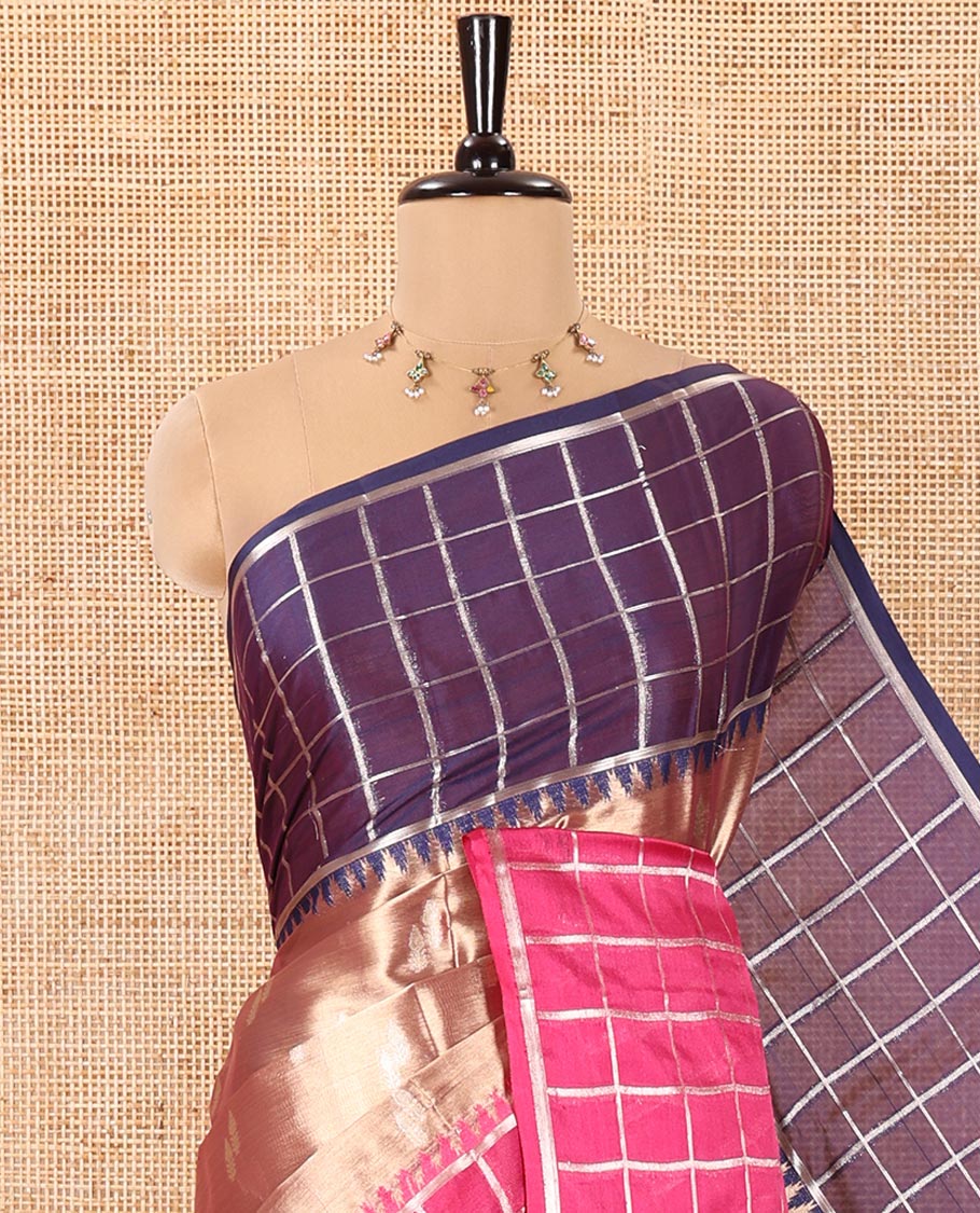 Scintillating Gold Tissue Saree, Subtly Sparkled with Buttas, Complemented by a Contrast Ganga-Jamuna Zari Checked Temple Border, Sparsely Woven Pallu, and Paired with a Matching Blouse - Image 2