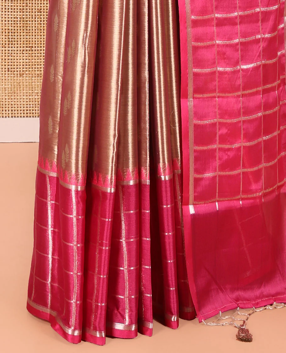 Scintillating Gold Tissue Saree, Subtly Sparkled with Buttas, Complemented by a Contrast Ganga-Jamuna Zari Checked Temple Border, Sparsely Woven Pallu, and Paired with a Matching Blouse - Image 3