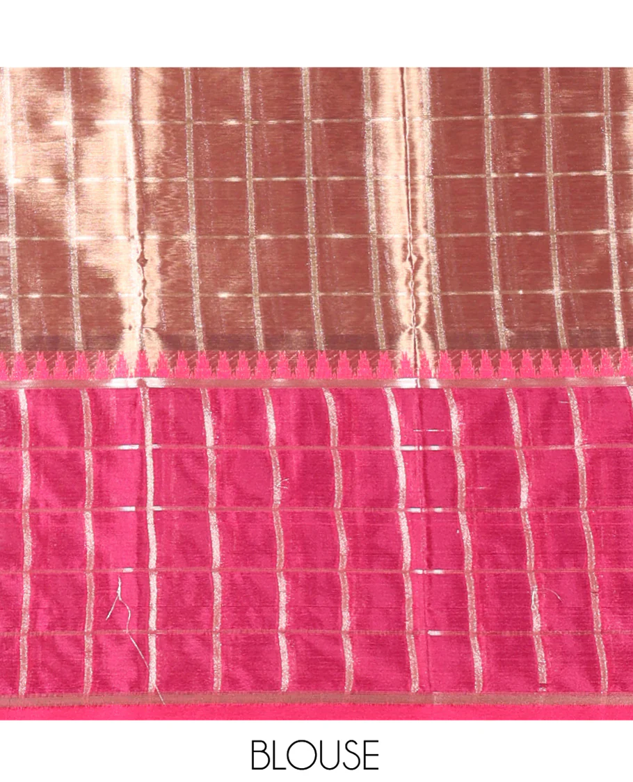 Scintillating Gold Tissue Saree, Subtly Sparkled with Buttas, Complemented by a Contrast Ganga-Jamuna Zari Checked Temple Border, Sparsely Woven Pallu, and Paired with a Matching Blouse - Image 4