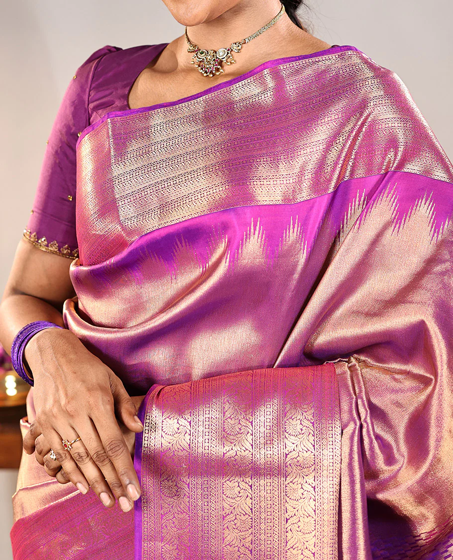 Scintillating Purple Vasundhara Lite-Silk Mix Saree, Gleamed Up with Zari on Its Body, Highlighted by Thazampoo Rekku Border of Neli, Paisa, Cross Kamalam, and Kodi Visiry Designs, a Grand Geometric-Patterned Pallu, and Paired with a Matching Blouse - Image 2