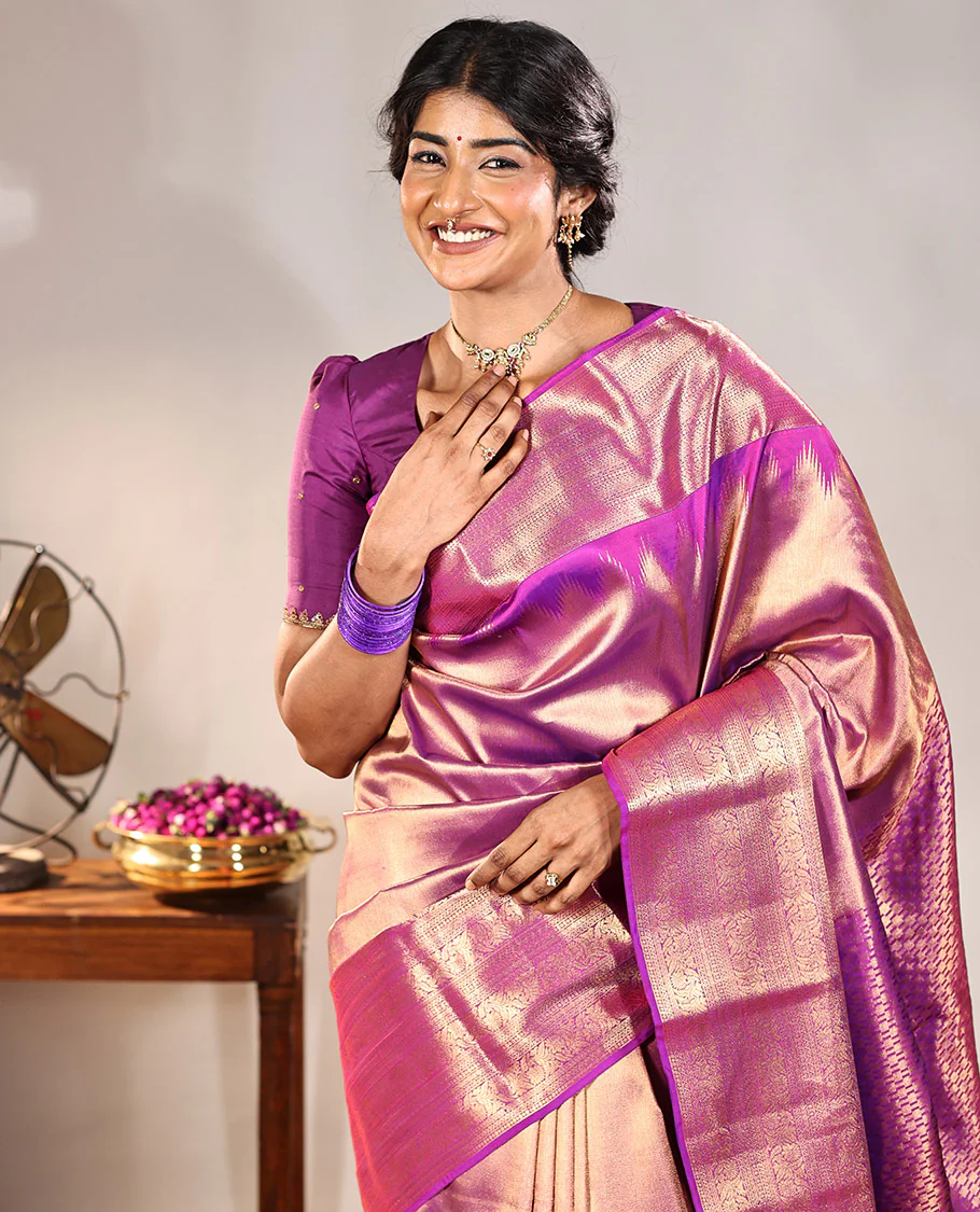 Scintillating Purple Vasundhara Lite-Silk Mix Saree, Gleamed Up with Zari on Its Body, Highlighted by Thazampoo Rekku Border of Neli, Paisa, Cross Kamalam, and Kodi Visiry Designs, a Grand Geometric-Patterned Pallu, and Paired with a Matching Blouse - Image 3